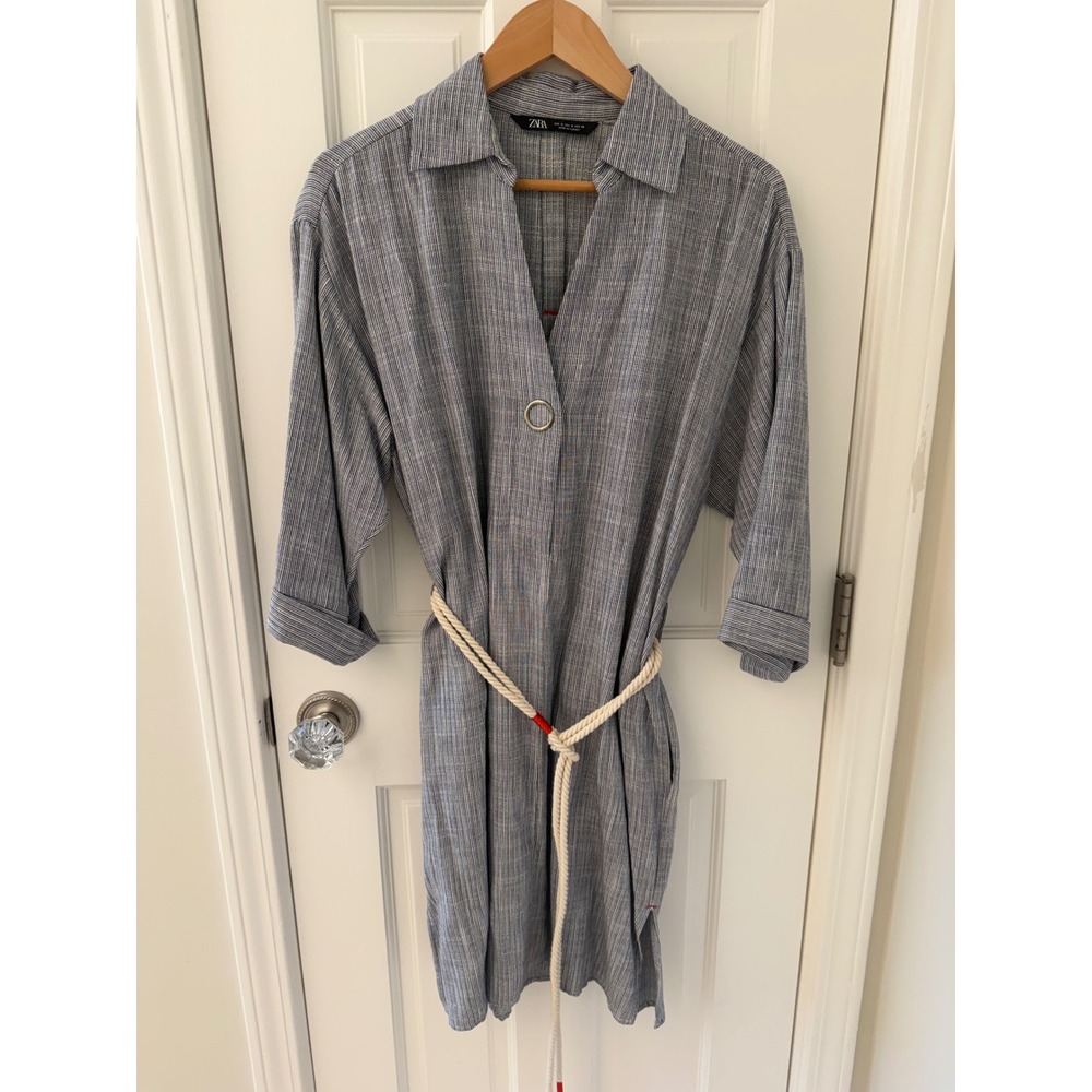Zara Blue Stripe Cotton Tunic Shirt Dress With Rope Belt Womens Small‎ Nautical
